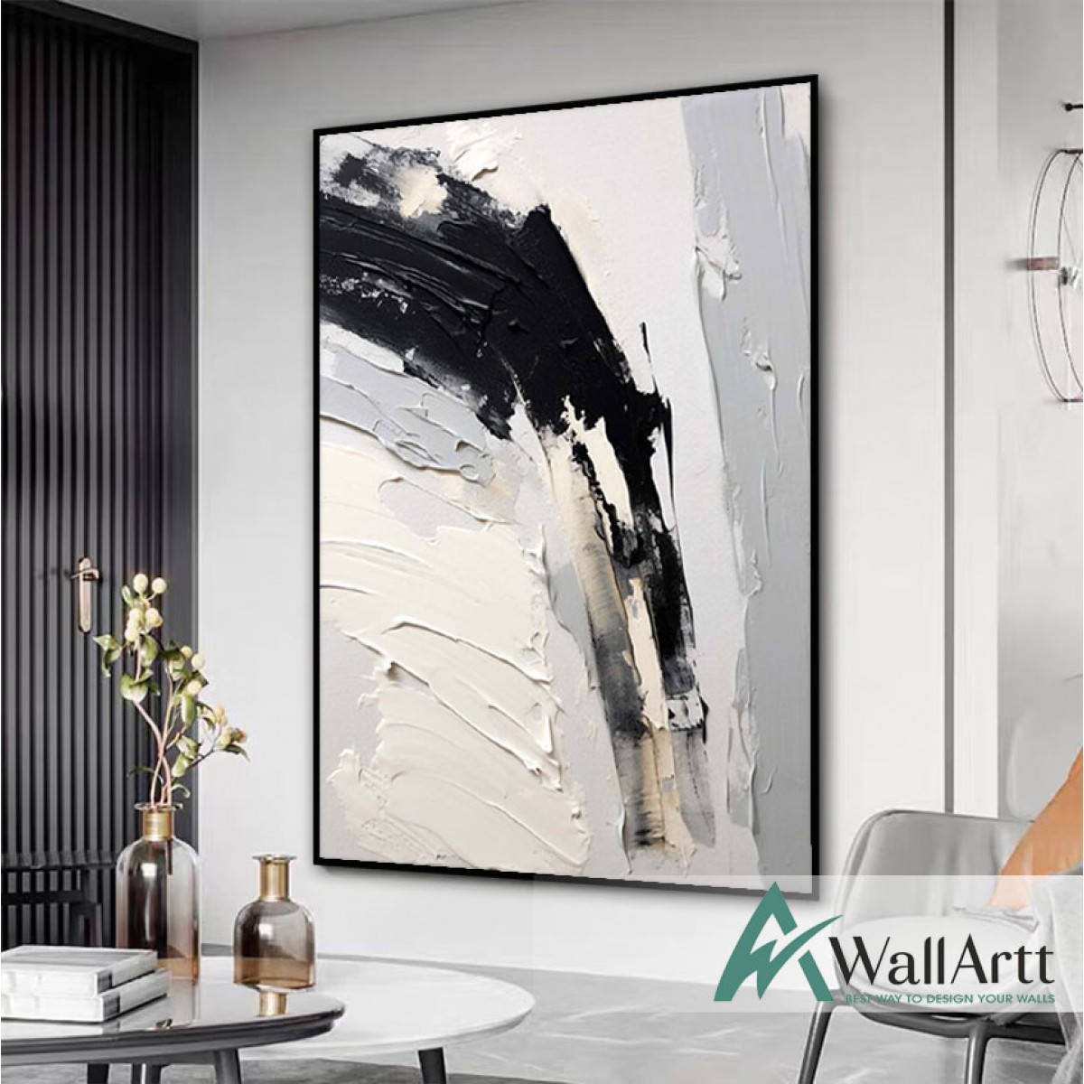 Abstract Black on White 3d Heavy Textured Partial Oil Painting